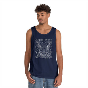 Young man wearing a navy blue tank top featuring a geometric line art design of an elephant's face, paired with casual light blue jeans, set against a plain white background. | PicSEO 1776569442438