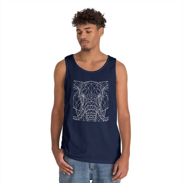 Young man wearing a navy blue tank top featuring a geometric line art design of an elephant's face, paired with casual light blue jeans, set against a plain white background. | PicSEO 1776569442438