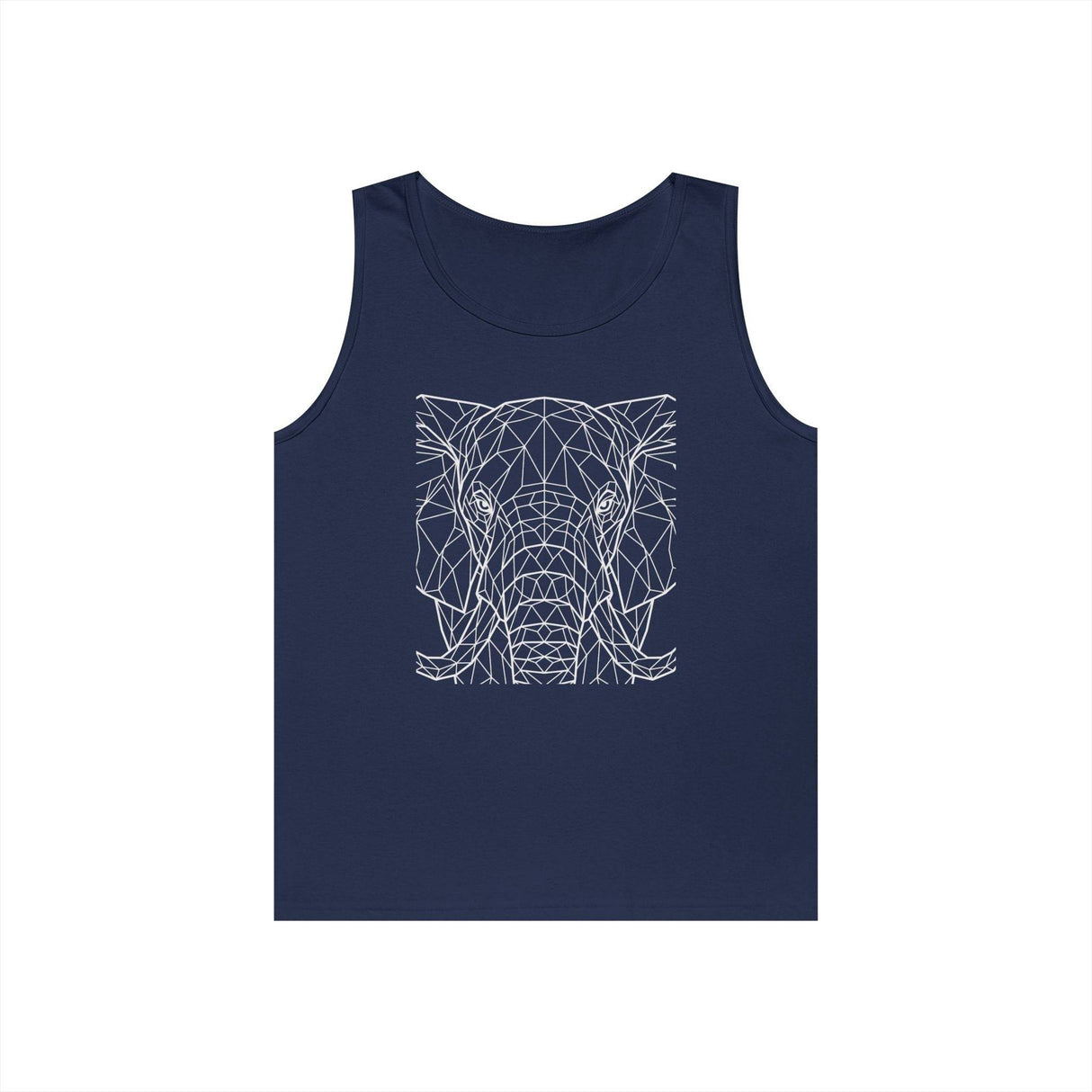 Navy blue sleeveless tank top featuring a geometric line art design of an elephant's face in white. The minimalist, modern illustration highlights the intricate details of the elephant using angular, interconnected lines, creating a stylish and bold visual statement. | PicSEO 1776569455854