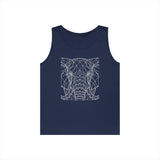 Navy blue sleeveless tank top featuring a geometric line art design of an elephant's face in white. The minimalist, modern illustration highlights the intricate details of the elephant using angular, interconnected lines, creating a stylish and bold visual statement. | PicSEO 1776569455854