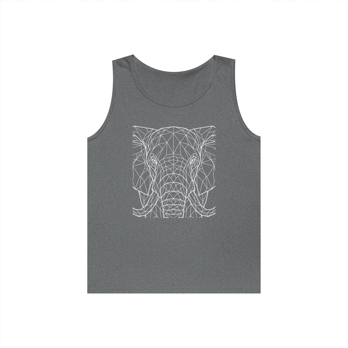 Grey sleeveless tank top featuring a modern geometric line art design of an elephant's face in white, combining minimalist style with a bold wildlife-inspired graphic. | PicSEO 1776569624498