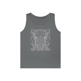 Grey sleeveless tank top featuring a modern geometric line art design of an elephant's face in white, combining minimalist style with a bold wildlife-inspired graphic. | PicSEO 1776569624498