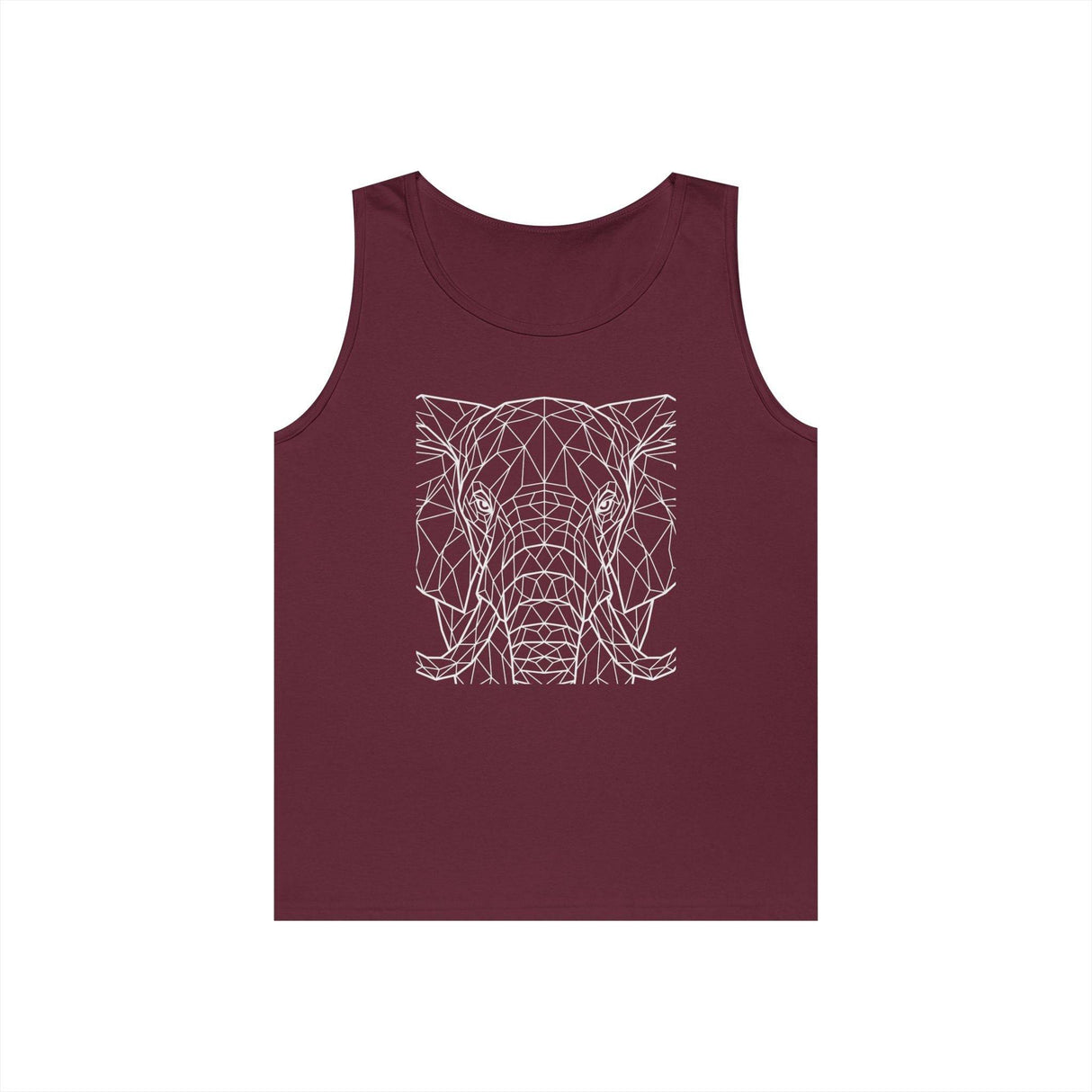 Maroon sleeveless tank top featuring a minimalist geometric line art design of an elephant's face in white. The intricate polygonal pattern emphasizes the elephant's eyes, ears, and tusks, creating a modern and stylish look perfect for casual wear. | PicSEO 1776569541096