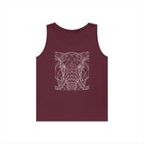 Maroon sleeveless tank top featuring a minimalist geometric line art design of an elephant's face in white. The intricate polygonal pattern emphasizes the elephant's eyes, ears, and tusks, creating a modern and stylish look perfect for casual wear. | PicSEO 1776569541096