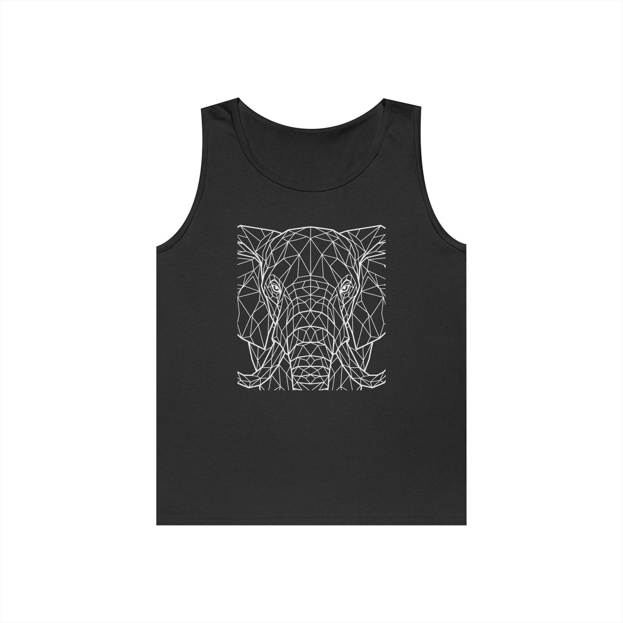 Black tank top featuring a modern, geometric white line art design of an elephant's face, combining minimalist style with bold wildlife imagery, perfect for casual wear and statement fashion. | PicSEO 1776569707545