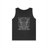 Black tank top featuring a modern, geometric white line art design of an elephant's face, combining minimalist style with bold wildlife imagery, perfect for casual wear and statement fashion. | PicSEO 1776569707545