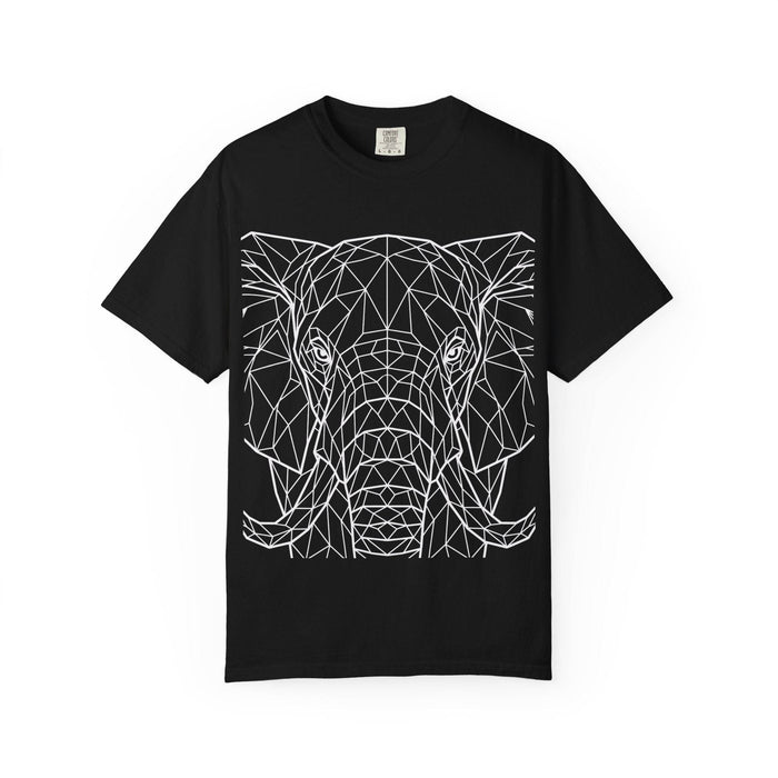 Black short-sleeve t-shirt featuring a striking white geometric line art design of an elephant's face. The modern angular pattern highlights the details of the elephant’s trunk, tusks, ears, and eyes, creating a bold and artistic visual contrast against the solid black fabric. Made from comfortable material, this graphic tee combines style and casual wear for everyday fashion. | PicSEO 1776568943457
