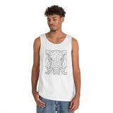Young man wearing a white tank top featuring a minimalist geometric elephant design, paired with casual blue denim jeans, set against a plain white background. | PicSEO 1776569657437