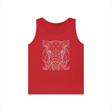 Red sleeveless tank top featuring a white geometric line art design of an elephant's face, combining modern minimalism with bold nature-inspired imagery for a stylish casual look. | PicSEO 1776569888021