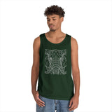 Young man wearing a dark green tank top featuring a white geometric line art design of an elephant's face, paired with casual blue jeans, standing against a plain white background. | PicSEO 1776569572449