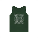 Dark green sleeveless tank top featuring a modern geometric line art design of an elephant's face in white, combining minimalist style with a bold wildlife-inspired graphic. | PicSEO 1776569582544