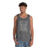 Young man wearing a dark gray sleeveless tank top featuring a minimalist geometric elephant design in white lines, paired with casual blue jeans, set against a plain white background. | PicSEO 1776569613531