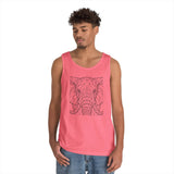 Young man wearing a coral pink tank top featuring a geometric black line art design of an elephant's face, paired with light blue denim shorts, against a plain white background. | PicSEO 1776569833892