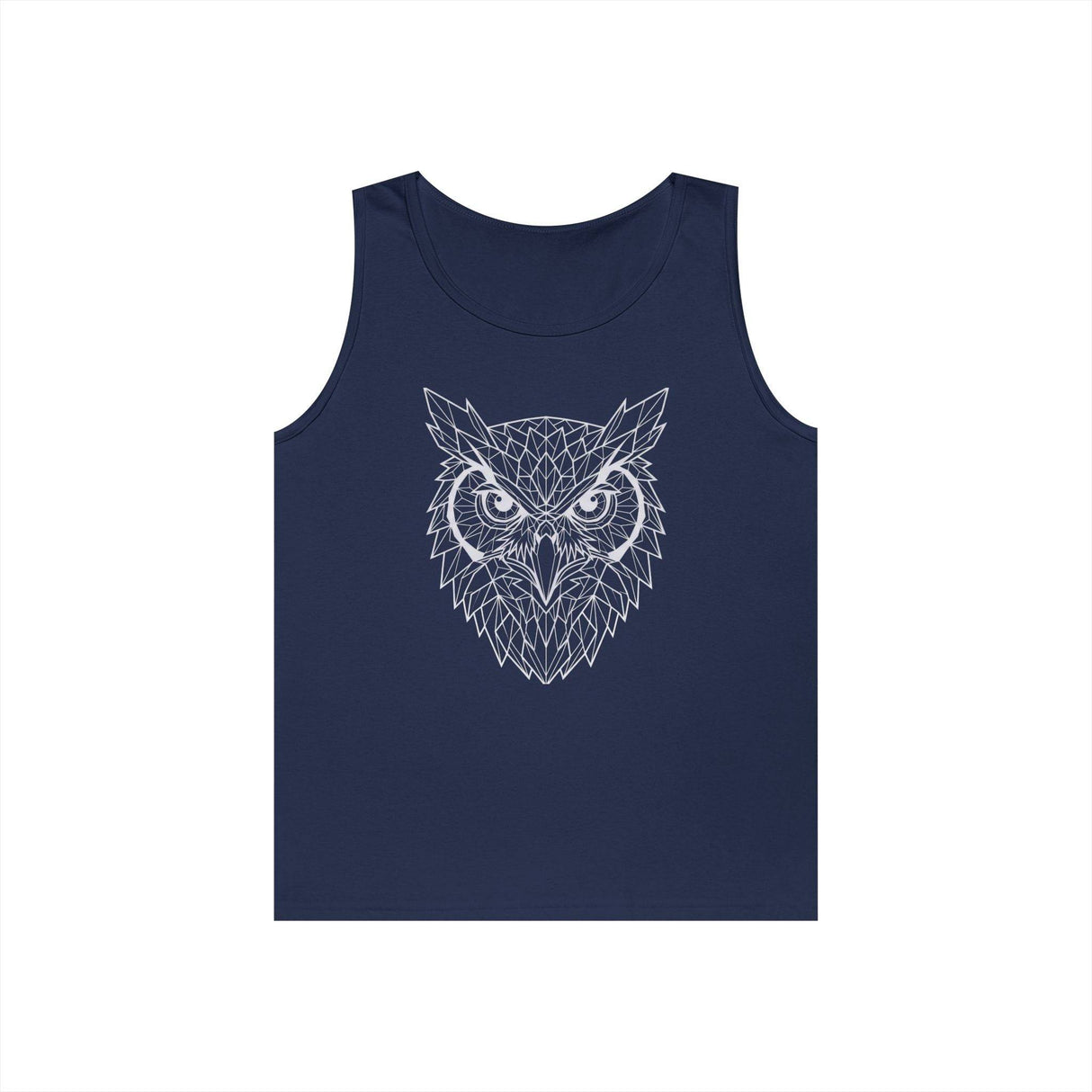 Navy blue sleeveless tank top featuring a geometric owl face design in white lines, combining modern abstract art with a bold, nature-inspired motif for a stylish and edgy look. | PicSEO 1776476644147