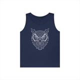 Navy blue sleeveless tank top featuring a geometric owl face design in white lines, combining modern abstract art with a bold, nature-inspired motif for a stylish and edgy look. | PicSEO 1776476644147