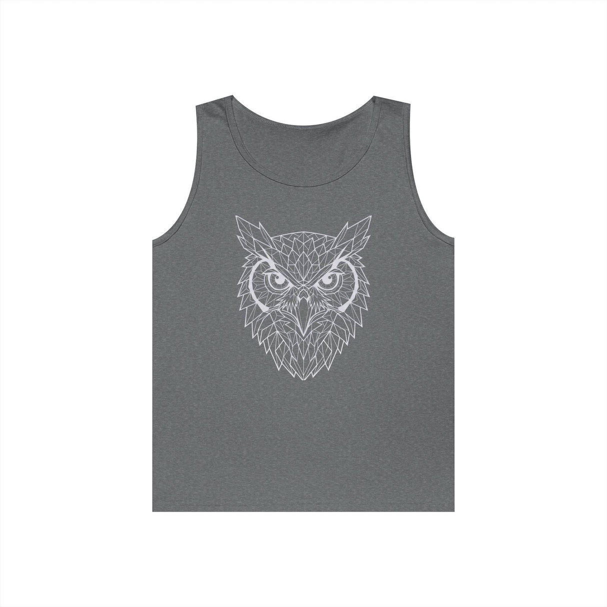 Grey sleeveless tank top featuring a geometric owl face design in white lines, combining modern minimalism with bold wildlife imagery for a stylish and casual look. | PicSEO 1776476683020