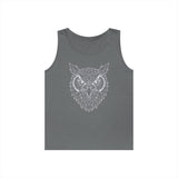 Grey sleeveless tank top featuring a geometric owl face design in white lines, combining modern minimalism with bold wildlife imagery for a stylish and casual look. | PicSEO 1776476683020