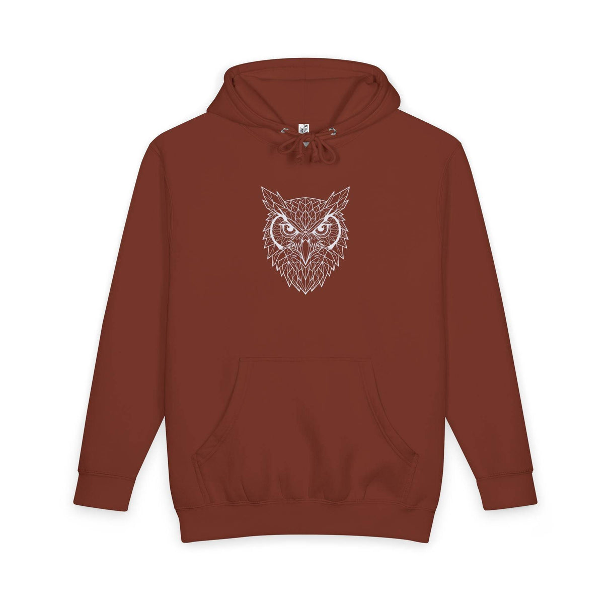 Rust-colored hoodie featuring a geometric owl design in white centered on the chest, with a front kangaroo pocket and adjustable drawstring hood, offering a stylish and comfortable casual wear option. | PicSEO 1776477911159