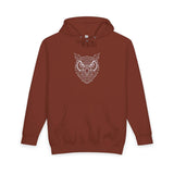 Rust-colored hoodie featuring a geometric owl design in white centered on the chest, with a front kangaroo pocket and adjustable drawstring hood, offering a stylish and comfortable casual wear option. | PicSEO 1776477911159