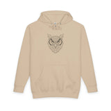 Beige hoodie featuring a detailed geometric owl design in black on the front, with a drawstring hood and a front kangaroo pocket for casual comfort and stylish wear. | PicSEO 1776477931243