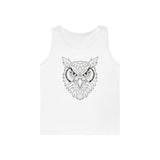 White sleeveless tank top featuring a detailed geometric owl face design in black lines, combining modern polygonal art with striking animal imagery for a bold and stylish look. | PicSEO 1776476398876