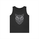 Black sleeveless tank top featuring a geometric white owl face design on the front, combining modern polygonal art with a sleek, minimalist style for a bold and trendy look. | PicSEO 1776476479938