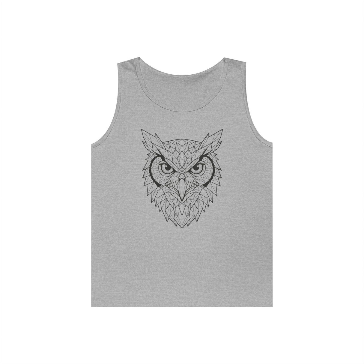 Grey sleeveless tank top featuring a detailed geometric owl face design in black lines, combining modern angular patterns with a bold, symmetrical look for a stylish and artistic casual wear option. | PicSEO 1776476436691