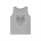 Grey sleeveless tank top featuring a detailed geometric owl face design in black lines, combining modern angular patterns with a bold, symmetrical look for a stylish and artistic casual wear option. | PicSEO 1776476436691