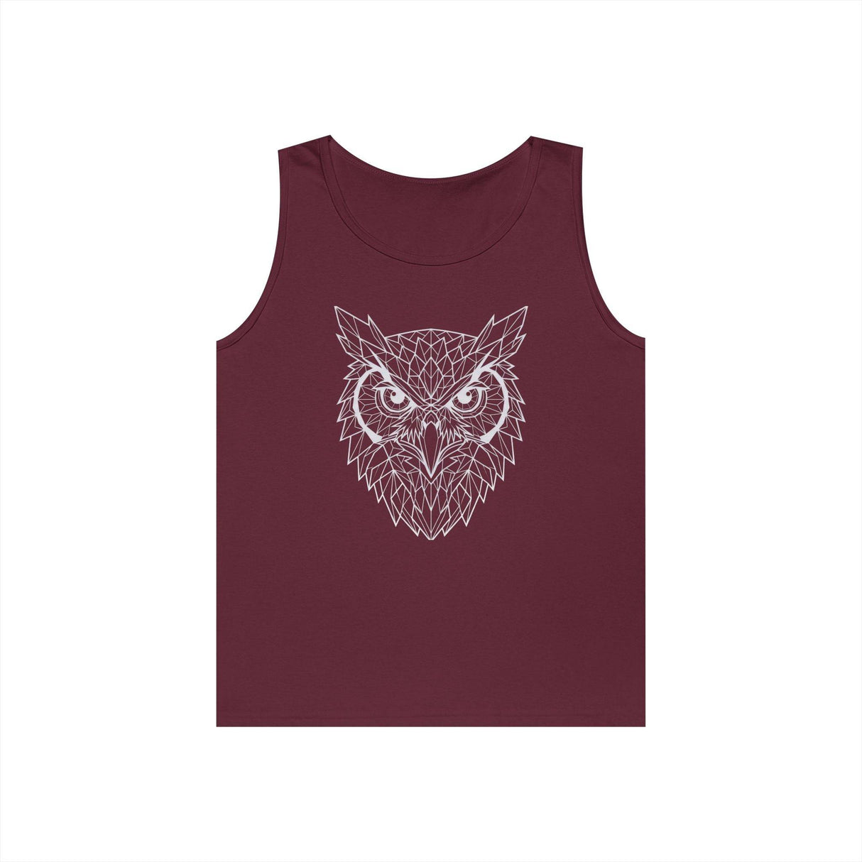 Maroon sleeveless tank top featuring a detailed geometric owl face design in white, combining modern angular lines with a bold, striking look for casual and stylish wear. | PicSEO 1776476523392
