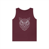 Maroon sleeveless tank top featuring a detailed geometric owl face design in white, combining modern angular lines with a bold, striking look for casual and stylish wear. | PicSEO 1776476523392