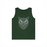 Dark green sleeveless tank top featuring a detailed geometric owl head design in white, combining modern angular lines with a bold, nature-inspired graphic for a stylish and edgy look. | PicSEO 1776476563594