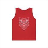 Red sleeveless tank top featuring a geometric white owl face design on the front, combining modern line art with bold color for a stylish and edgy look. | PicSEO 1776476801678