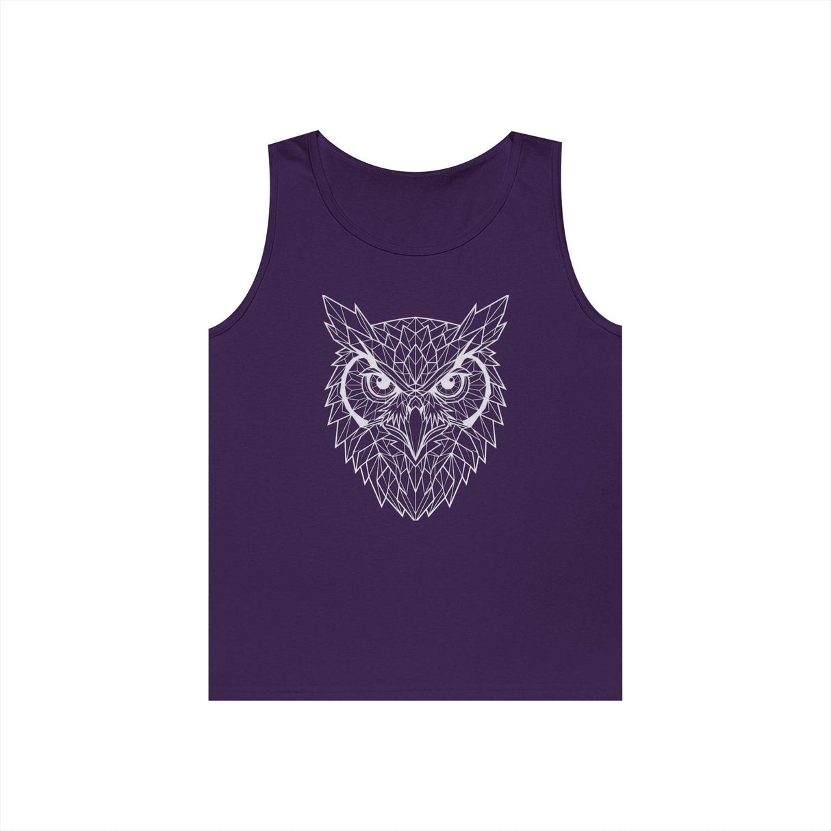 Purple sleeveless tank top featuring a detailed geometric owl face design in white lines at the center. The intricate owl illustration combines sharp angles and symmetry, creating a modern and bold look. Made for casual wear, this stylish tank top blends comfort with unique graphic art, perfect for trendy, nature-inspired fashion. | PicSEO 1776476722235