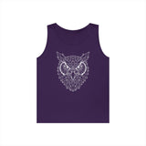 Purple sleeveless tank top featuring a detailed geometric owl face design in white lines at the center. The intricate owl illustration combines sharp angles and symmetry, creating a modern and bold look. Made for casual wear, this stylish tank top blends comfort with unique graphic art, perfect for trendy, nature-inspired fashion. | PicSEO 1776476722235