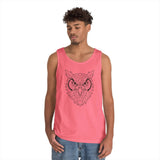 A young man wearing a coral pink tank top featuring a geometric owl face design in black lines, paired with casual blue jeans, set against a plain white background for clear product display. | PicSEO 1776476752307