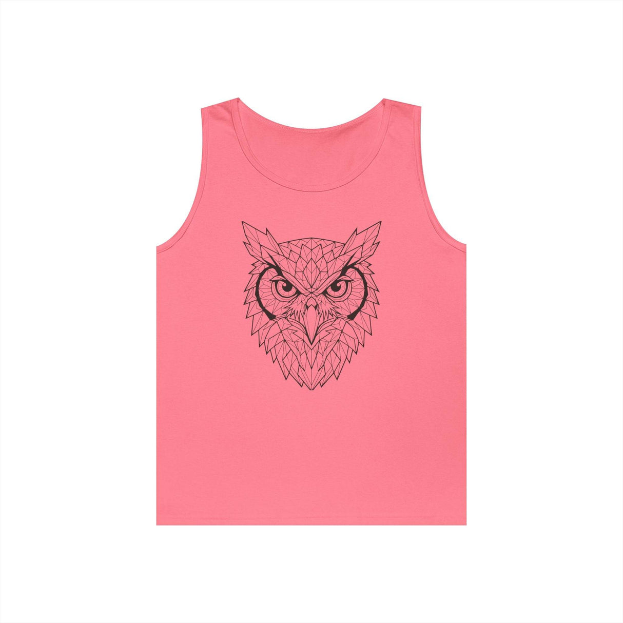 Pink sleeveless tank top featuring a detailed geometric owl face design in black lines, combining modern artistic style with a bold, eye-catching look. | PicSEO 1776476761815
