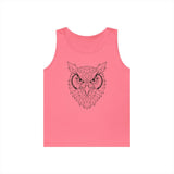 Pink sleeveless tank top featuring a detailed geometric owl face design in black lines, combining modern artistic style with a bold, eye-catching look. | PicSEO 1776476761815