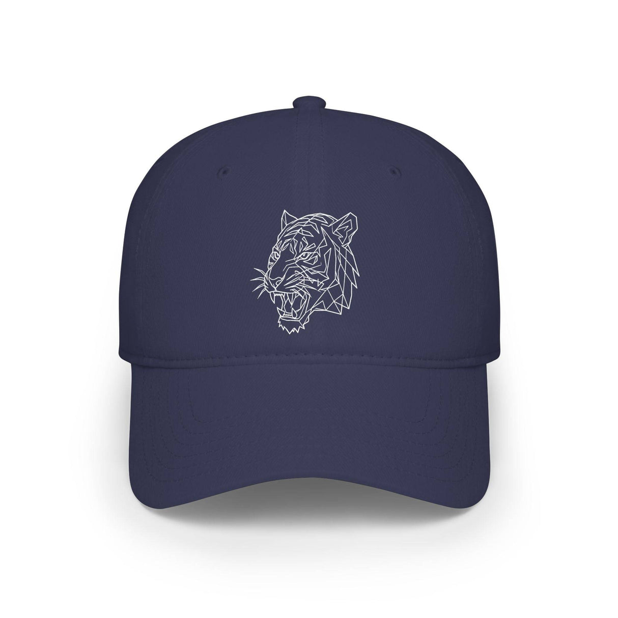 Navy blue baseball cap featuring a minimalist, geometric white tiger head design embroidered on the front, combining modern style with bold animal imagery for a striking accessory. | PicSEO 1776570039053