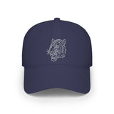 Navy blue baseball cap featuring a minimalist, geometric white tiger head design embroidered on the front, combining modern style with bold animal imagery for a striking accessory. | PicSEO 1776570039053