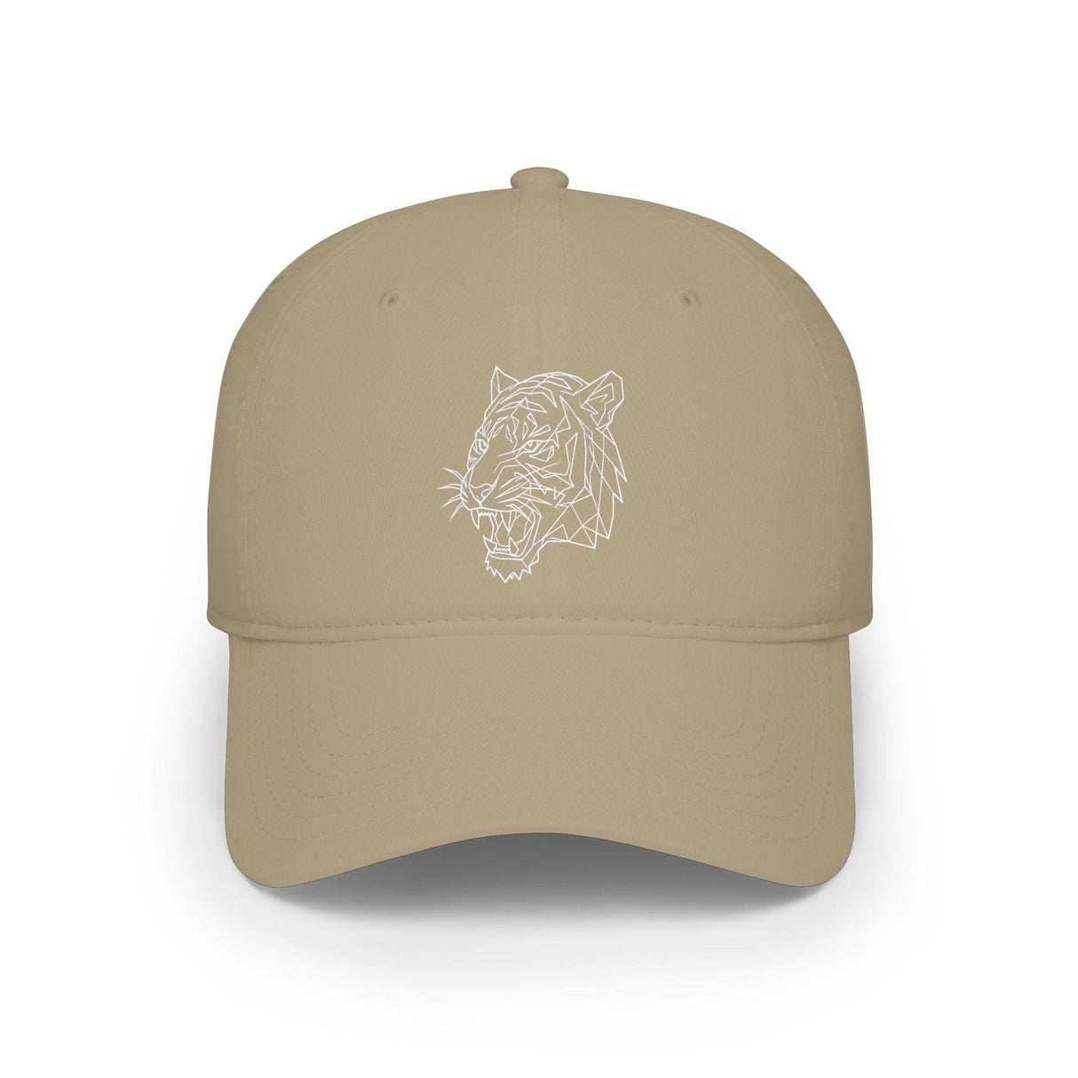 Beige baseball cap featuring a minimalist geometric white tiger head design on the front, blending modern art with casual style for a bold yet understated accessory. | PicSEO 1776570002252