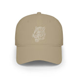 Beige baseball cap featuring a minimalist geometric white tiger head design on the front, blending modern art with casual style for a bold yet understated accessory. | PicSEO 1776570002252
