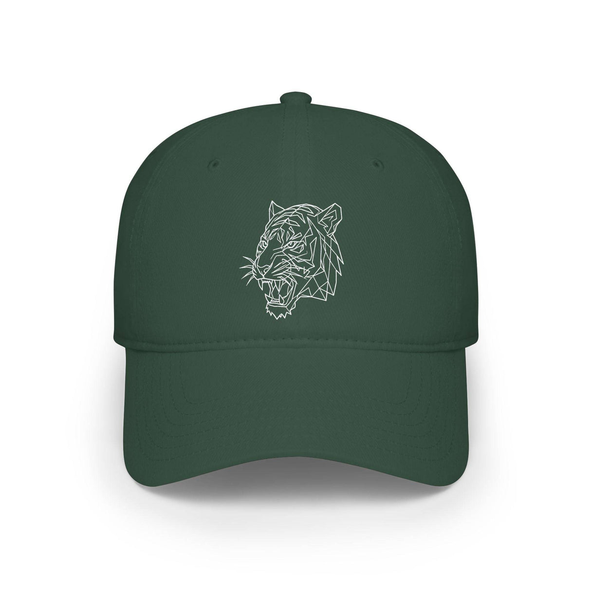 Dark green baseball cap featuring a minimalist geometric white tiger head design embroidered on the front. The cap has a curved brim and structured crown with stitched eyelets for ventilation, combining a modern animal motif with classic casual style. | PicSEO 1776570021173