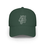 Dark green baseball cap featuring a minimalist geometric white tiger head design embroidered on the front. The cap has a curved brim and structured crown with stitched eyelets for ventilation, combining a modern animal motif with classic casual style. | PicSEO 1776570021173