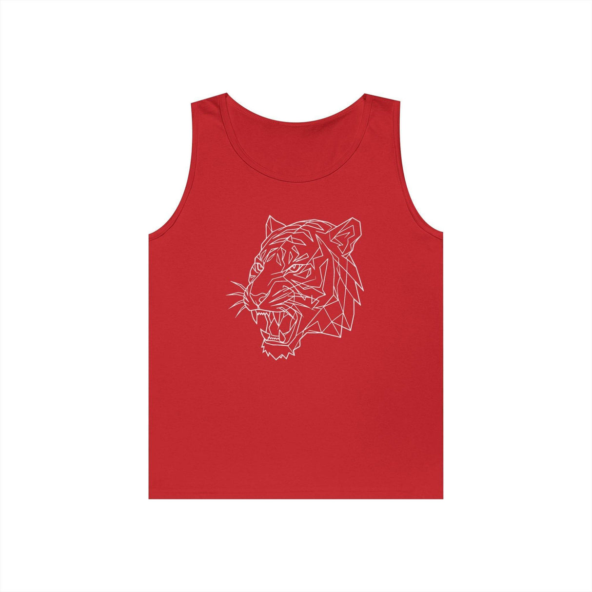 Red sleeveless tank top featuring a modern geometric white line art design of a roaring tiger head, combining bold color with contemporary wildlife illustration for a stylish and edgy look. | PicSEO 1776459003088