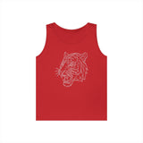 Red sleeveless tank top featuring a modern geometric white line art design of a roaring tiger head, combining bold color with contemporary wildlife illustration for a stylish and edgy look. | PicSEO 1776459003088