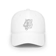 White baseball cap featuring a minimalist geometric tiger head design in black line art, combining modern style with bold animal imagery for a sleek and fashionable accessory. | PicSEO 1776569916600