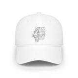 White baseball cap featuring a minimalist geometric tiger head design in black line art, combining modern style with bold animal imagery for a sleek and fashionable accessory. | PicSEO 1776569916600