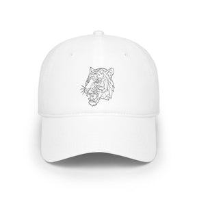 White baseball cap featuring a minimalist geometric tiger head design in black line art, combining modern style with bold animal imagery for a sleek and fashionable accessory. | PicSEO 1776569916600