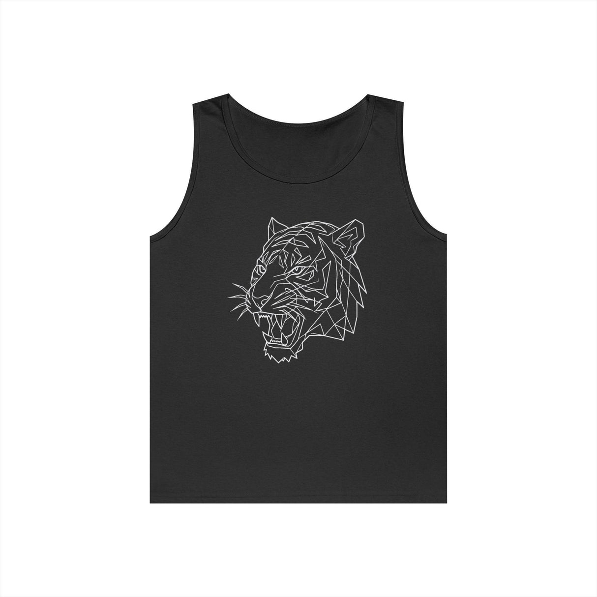 Black sleeveless tank top featuring a minimalist geometric line art design of a roaring tiger's head in white, combining modern style with bold animal imagery for a striking visual impact. | PicSEO 1776458942752