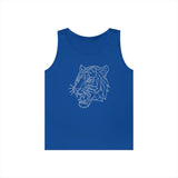 Blue sleeveless tank top featuring a geometric white outline of a roaring tiger's head centered on the chest, blending modern minimalism with bold wildlife imagery for a striking casual look. | PicSEO 1776458972187